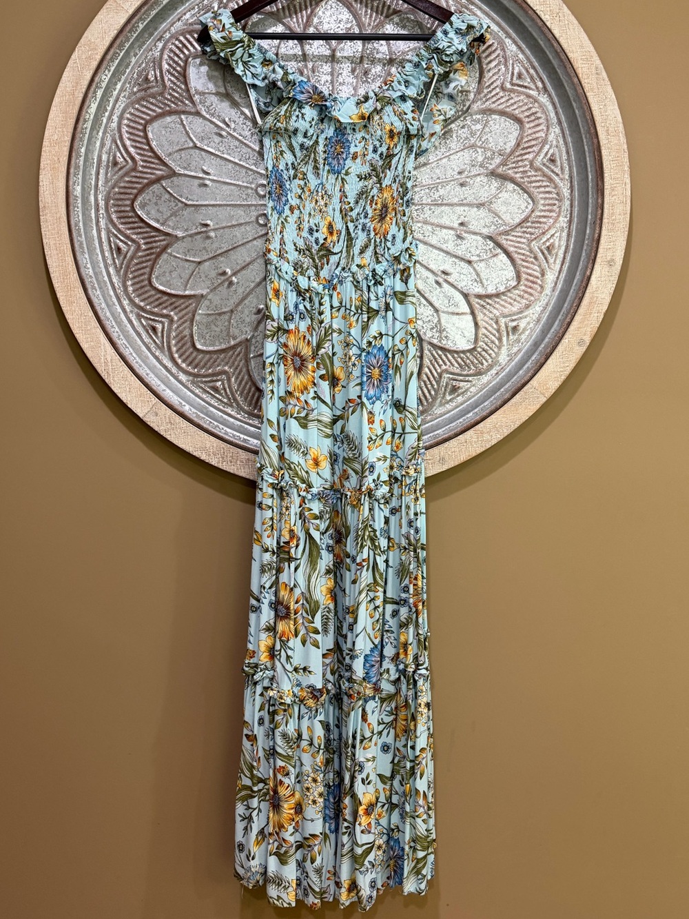Abel the Label Anthropologie Floral Ruffle Off-Shoulder Maxi Dress in Light Blue